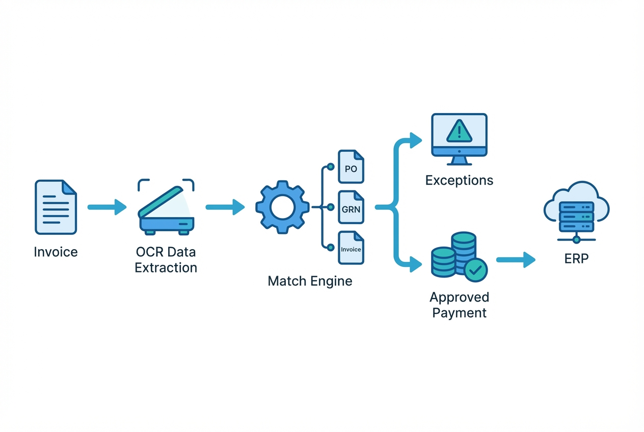 Diagram of three-way match automation workflow: invoice OCR, match engine compares PO/GRN/invoice, exception dashboard, ERP payment