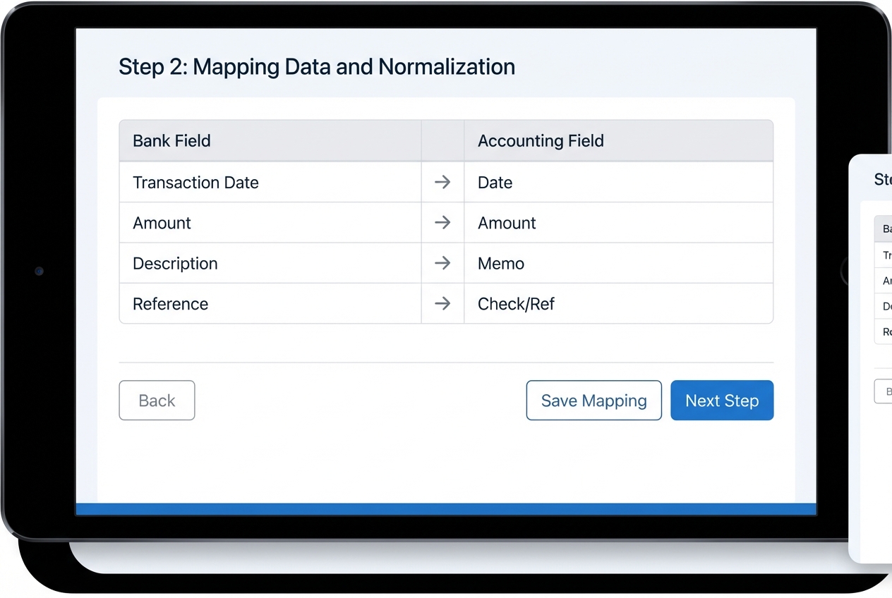 UI mock showing a data mapping interface with 'Bank Field' and 'Accounting Field' columns
