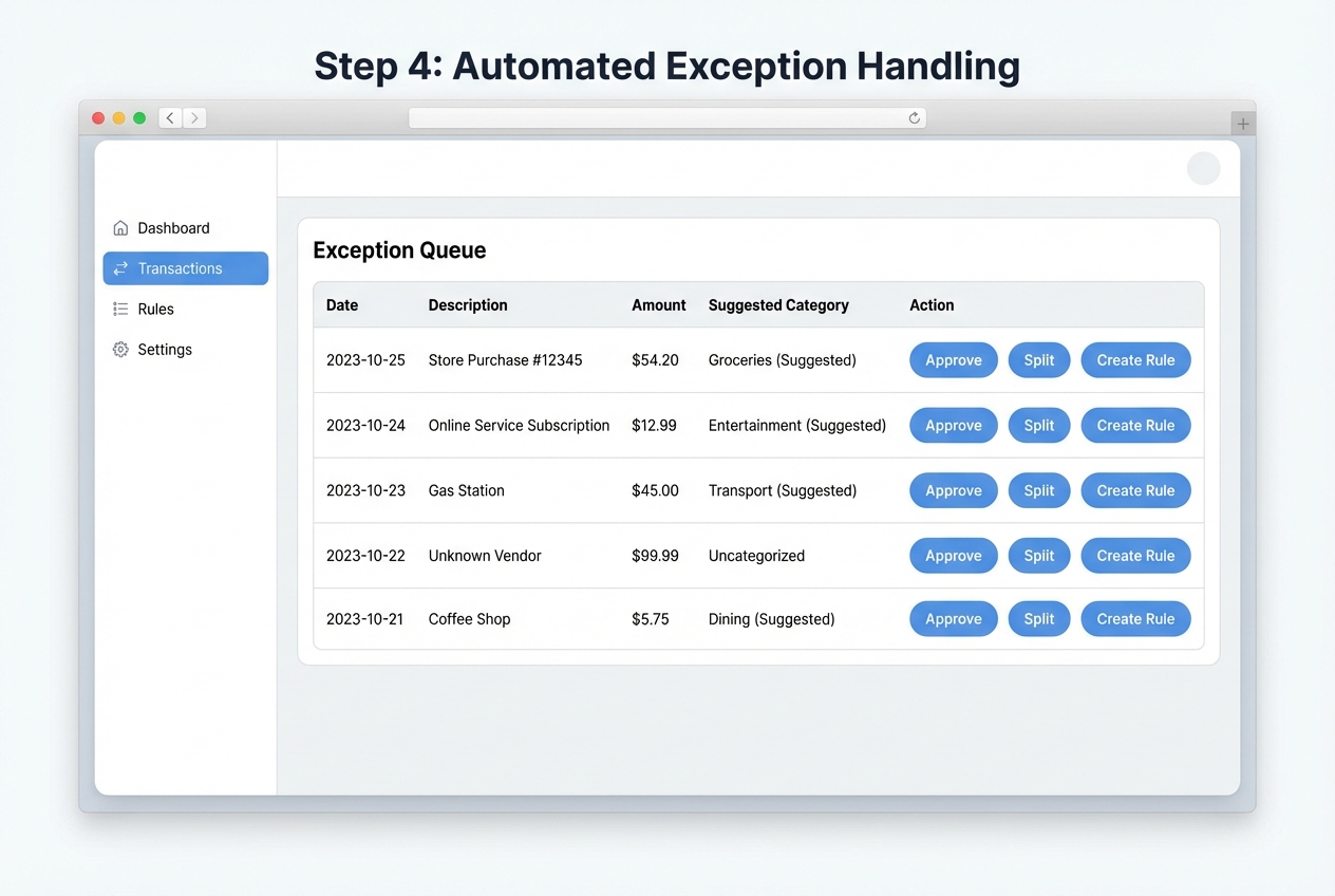 Exception queue UI mock with unmatched transactions and one-click actions
