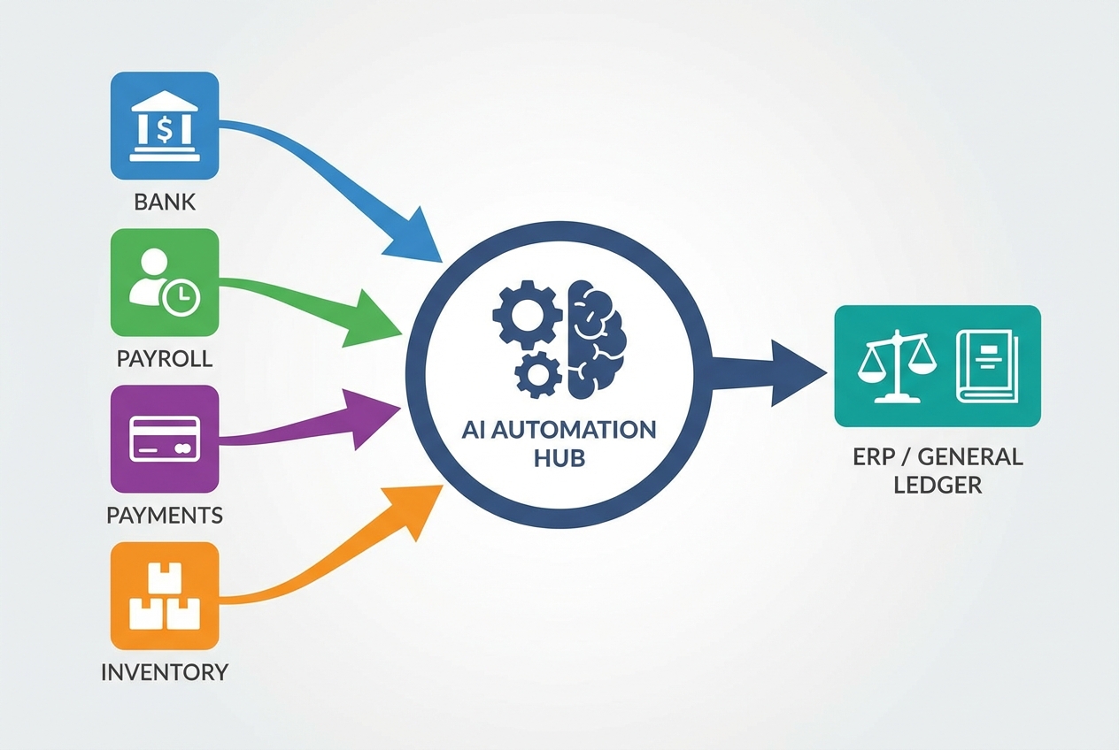Diagram of multiple software systems feeding a central AI automation hub that posts to the general ledger