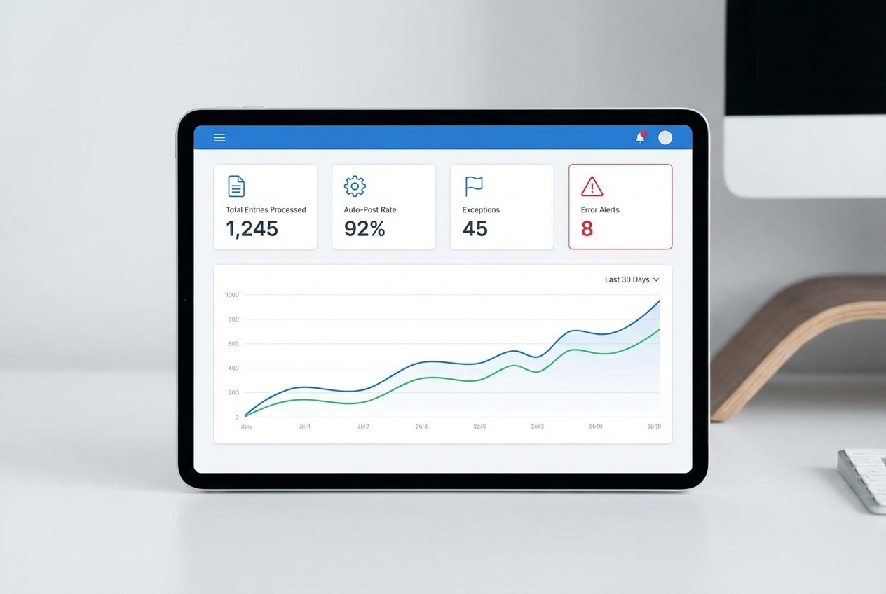 Monitoring dashboard mockup showing entries processed, auto-post rate, and error alerts