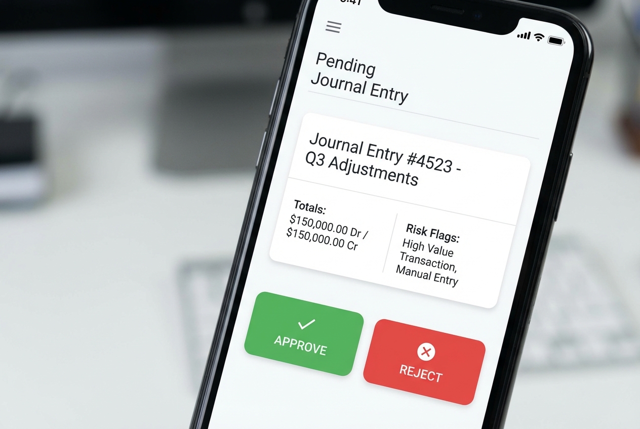 Mobile approval dashboard mockup with approve/reject actions for a journal entry