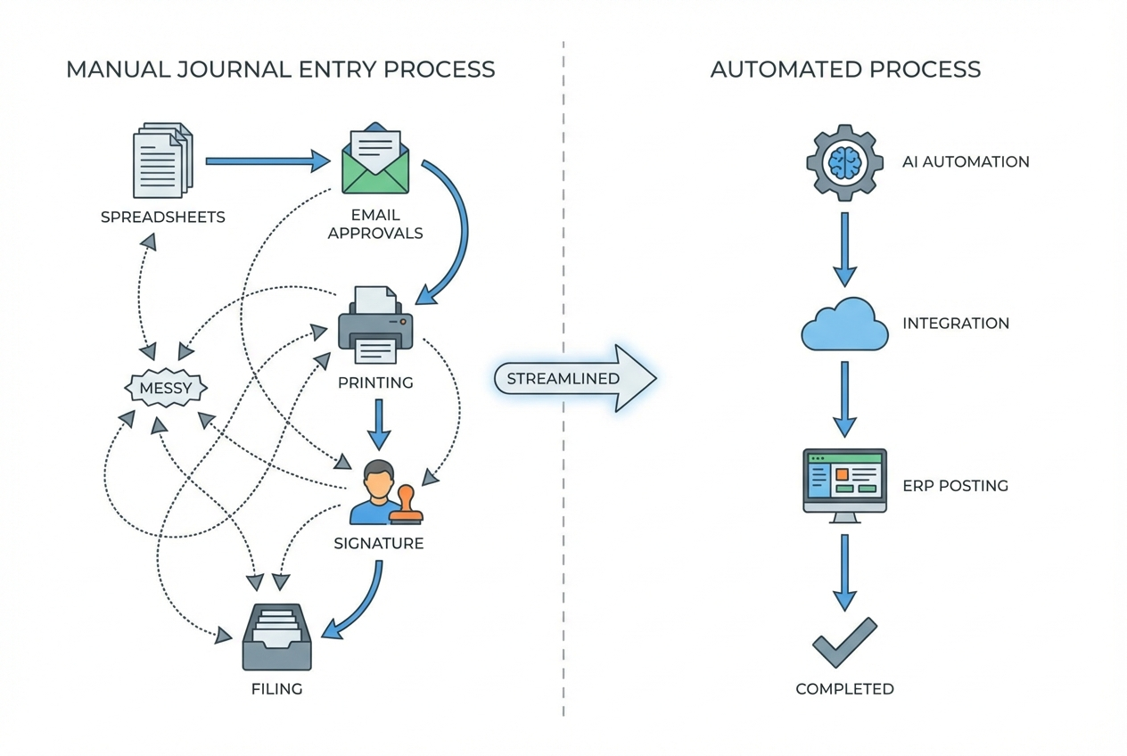 Flowchart comparing a messy manual journal workflow to a streamlined automated workflow