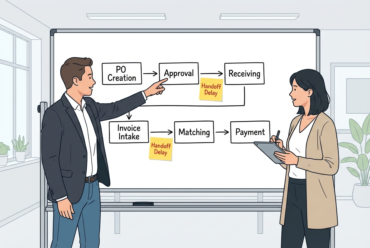 Workflow mapping diagram showing handoffs from PO to receiving to invoice to payment