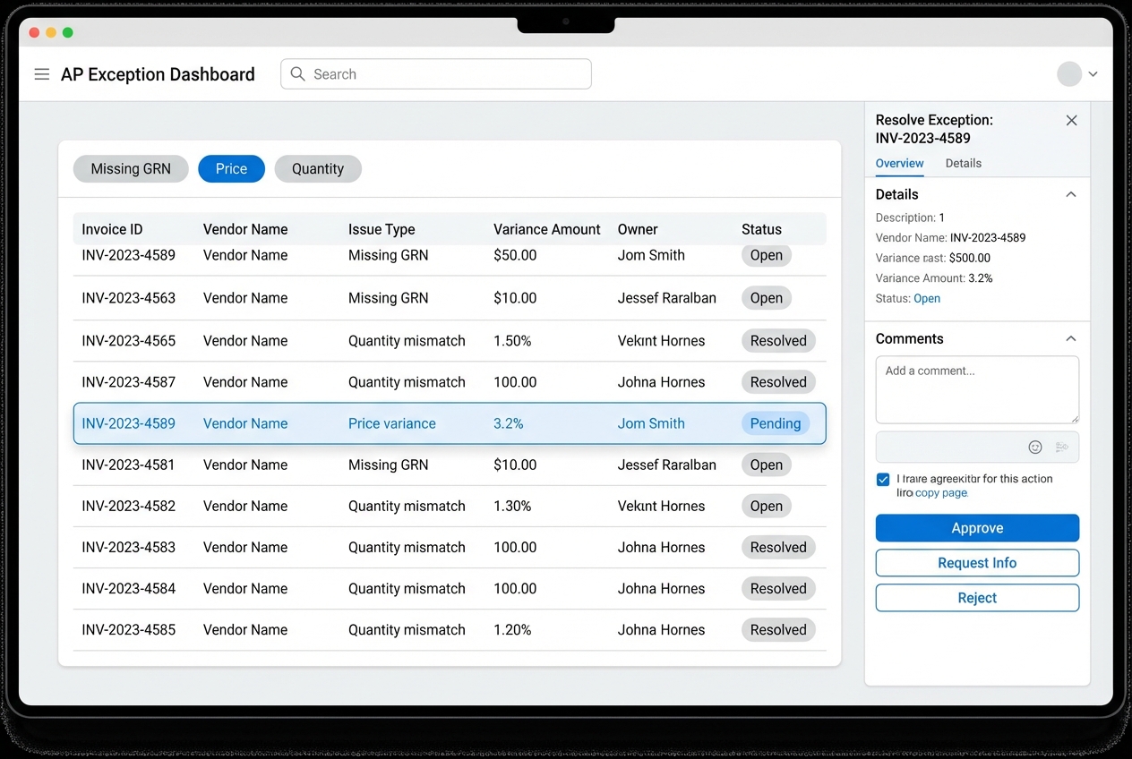 Exception dashboard screenshot-style illustration showing a flagged price variance needing review