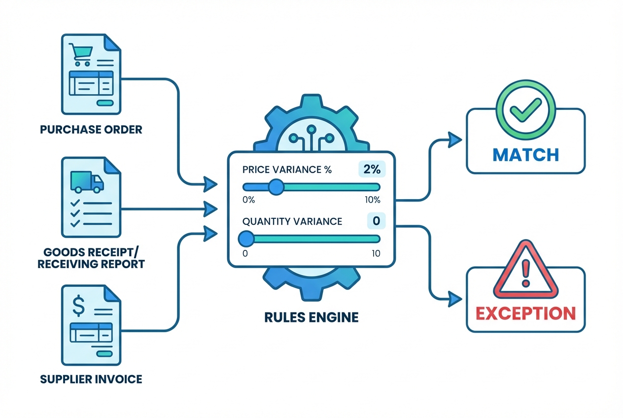 Diagram showing a rules engine comparing PO, GRN, and invoice with tolerance settings
