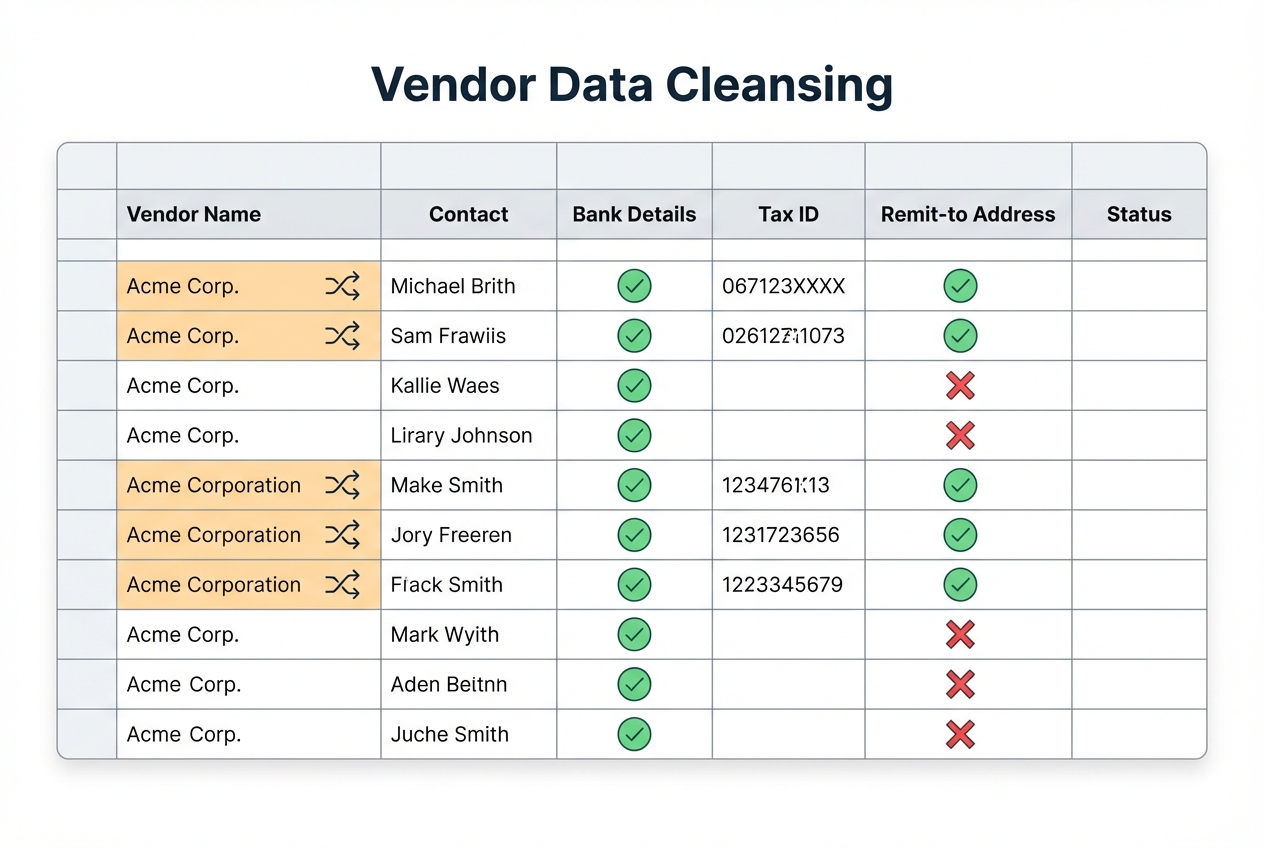 Illustration of vendor master data cleanup with duplicates highlighted and validation checkmarks