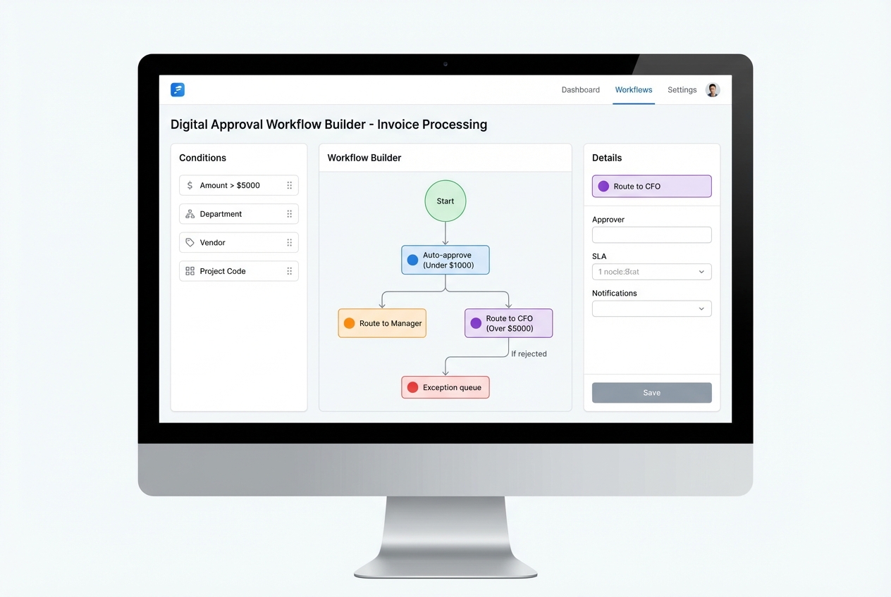 Digital approval workflow builder for invoices with rules and routing nodes