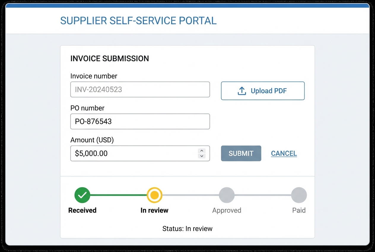 Supplier self-service portal for invoice submission with upload and status tracking