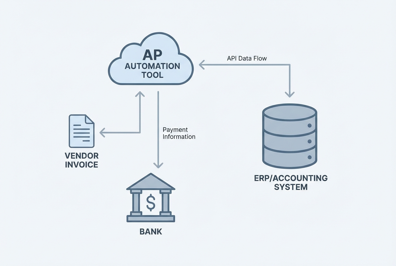 Diagram showing AP automation tool syncing with ERP/accounting and payments bank via API