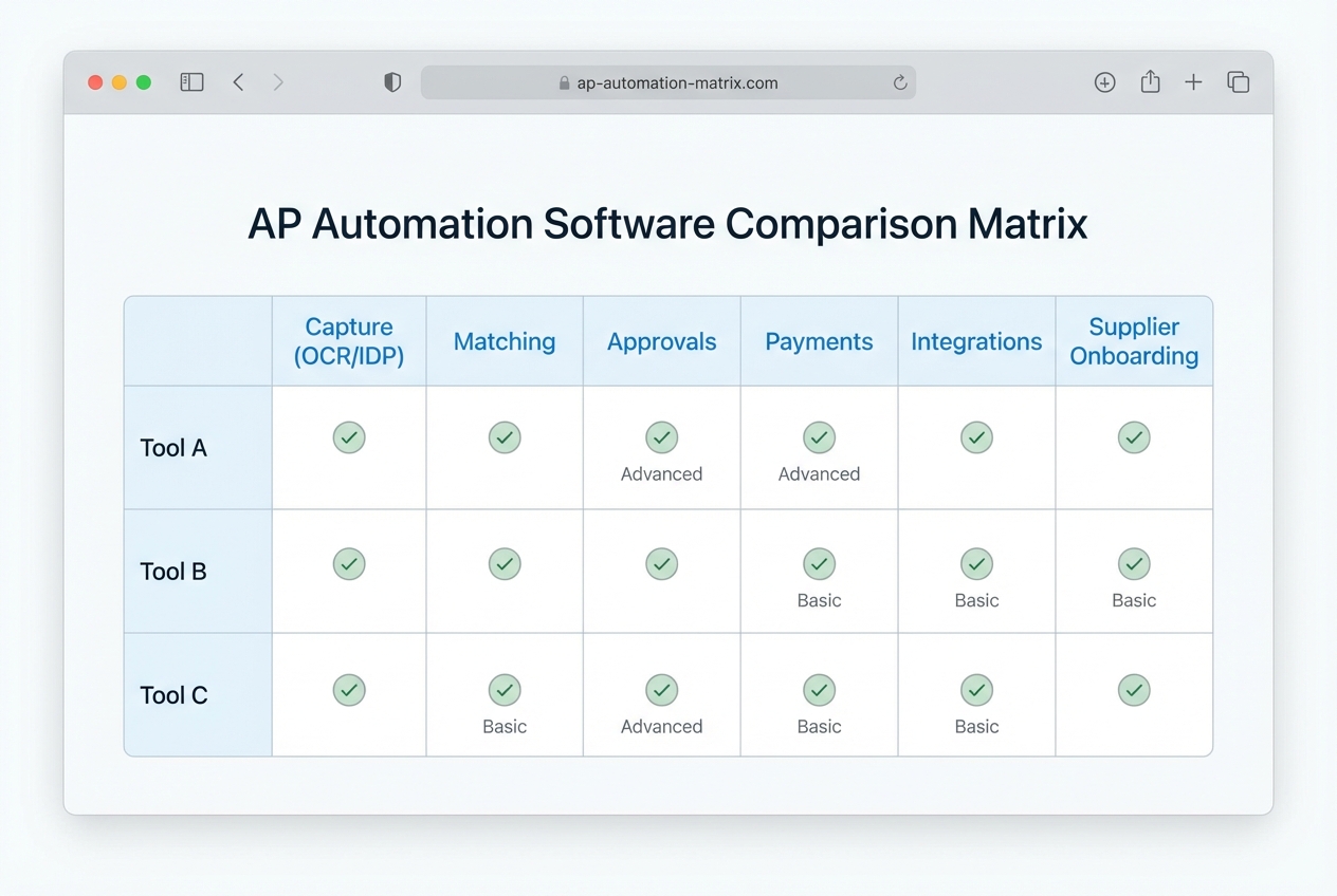 AP automation software comparison matrix showing capture, matching, approvals, payments, integrations, and supplier onboarding