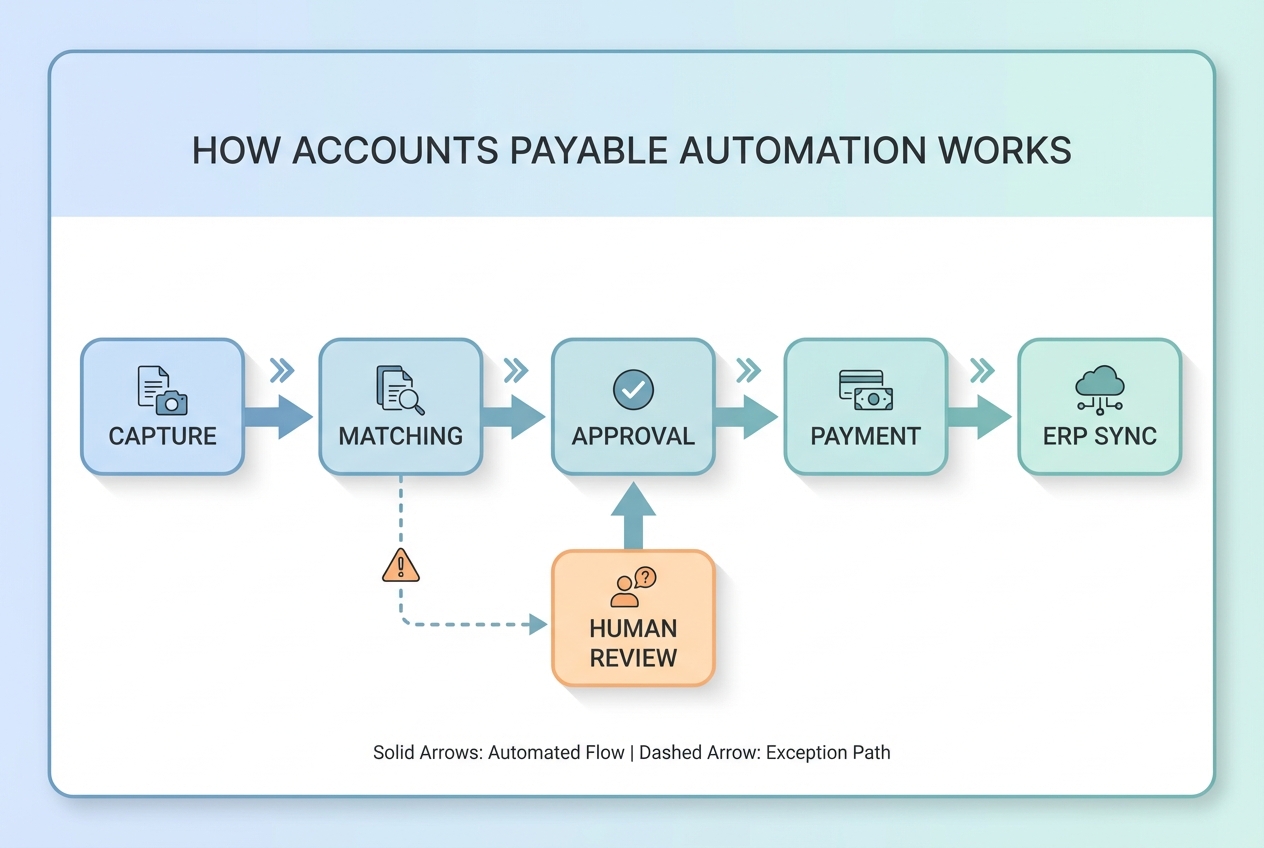 Accounts payable automation workflow: capture, matching, approval, payment, ERP sync