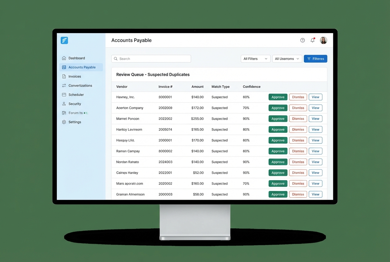 AP review queue dashboard for suspected duplicate invoices