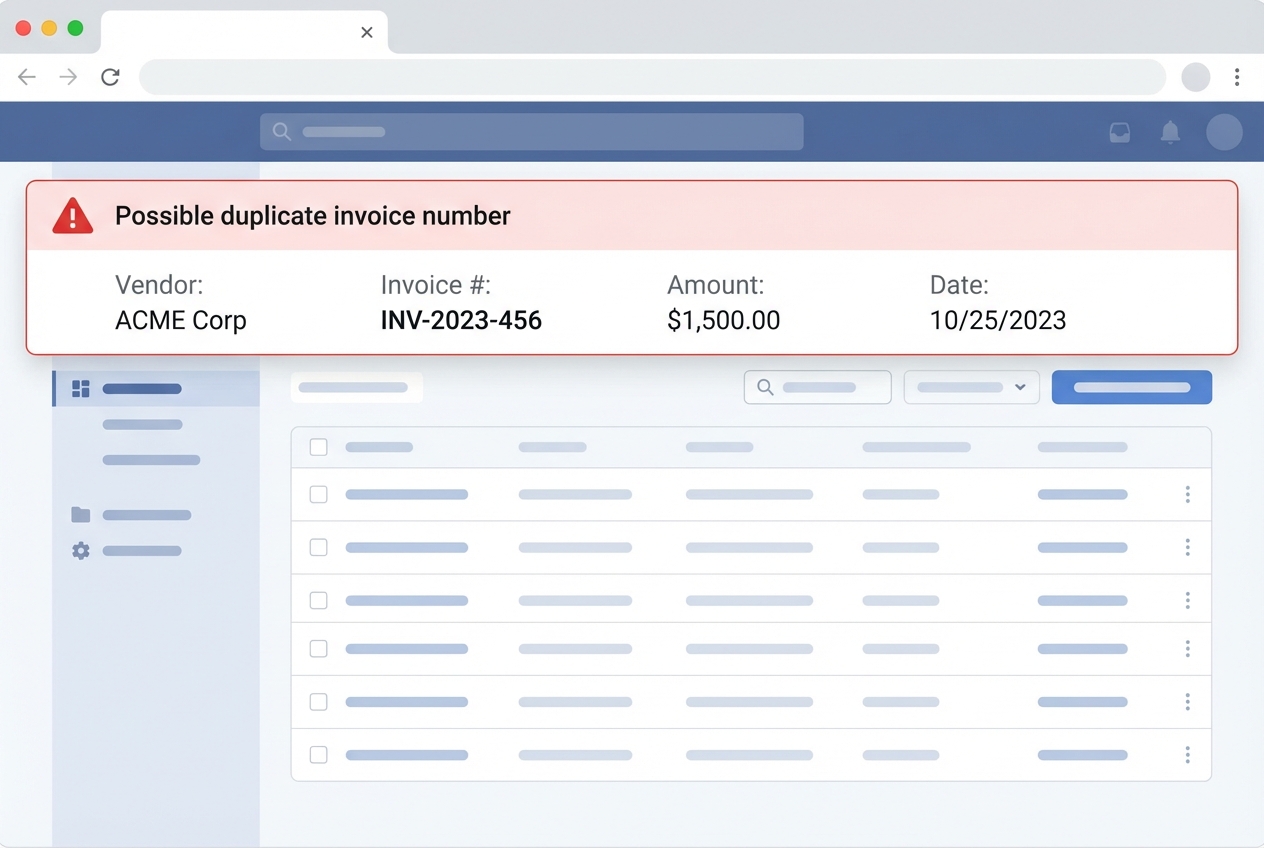 Sample ERP duplicate invoice flag alert