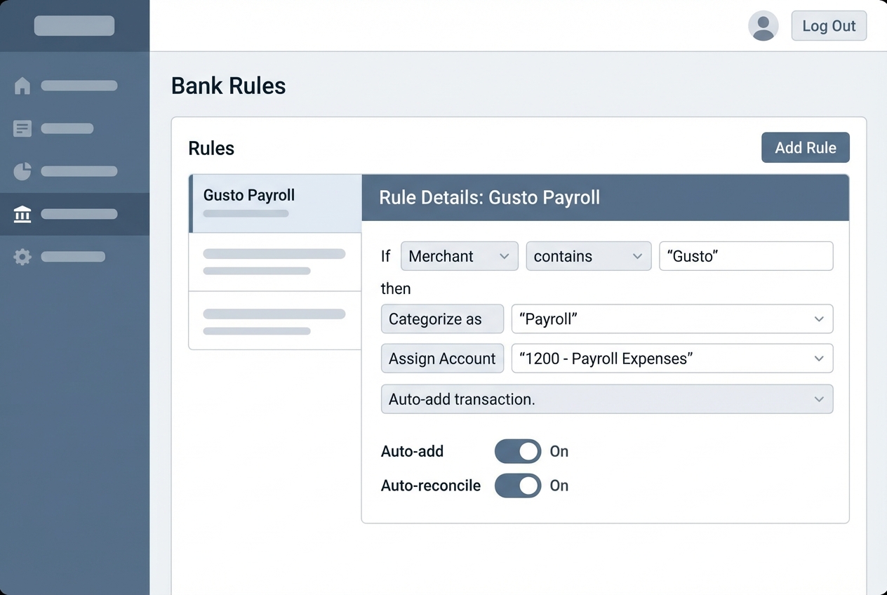 Bank rules configuration screen showing categorization and auto-reconcile toggles