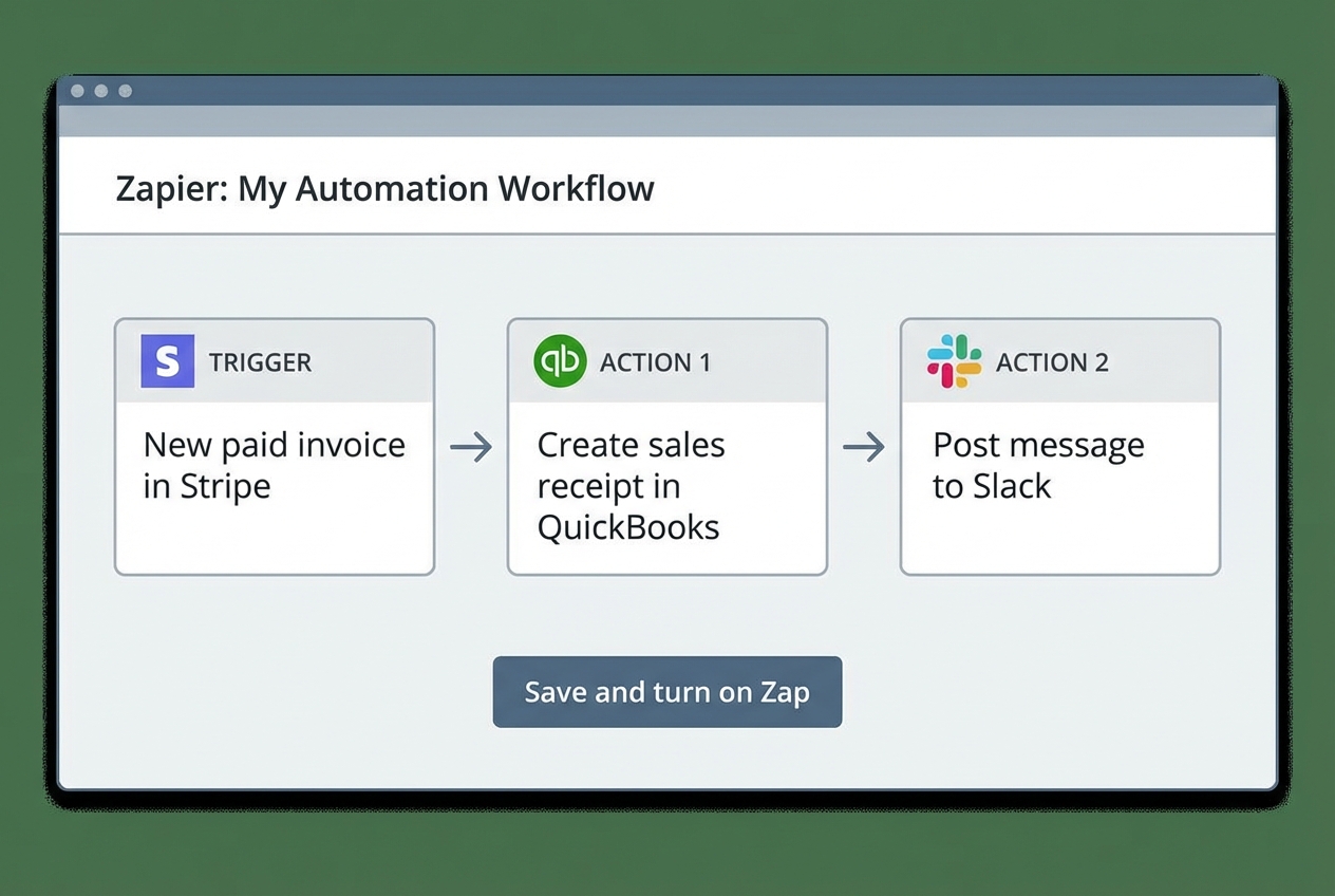 Screenshot-style Zapier automation connecting invoice payment to accounting and notifications