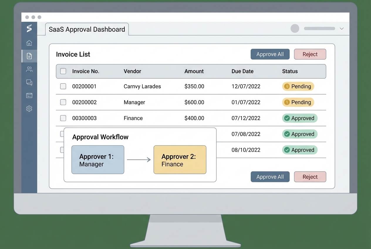 Approval dashboard showing pending bills and approval steps