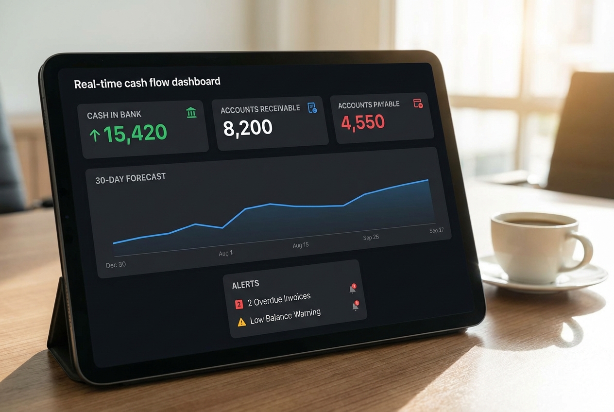 Mock cash flow dashboard with real-time metrics and forecast chart