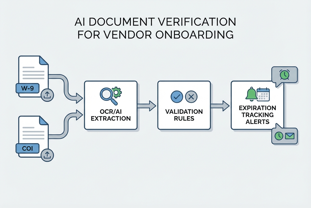Diagram showing W-9 and COI going through OCR/AI extraction, validation rules, and expiration alerts