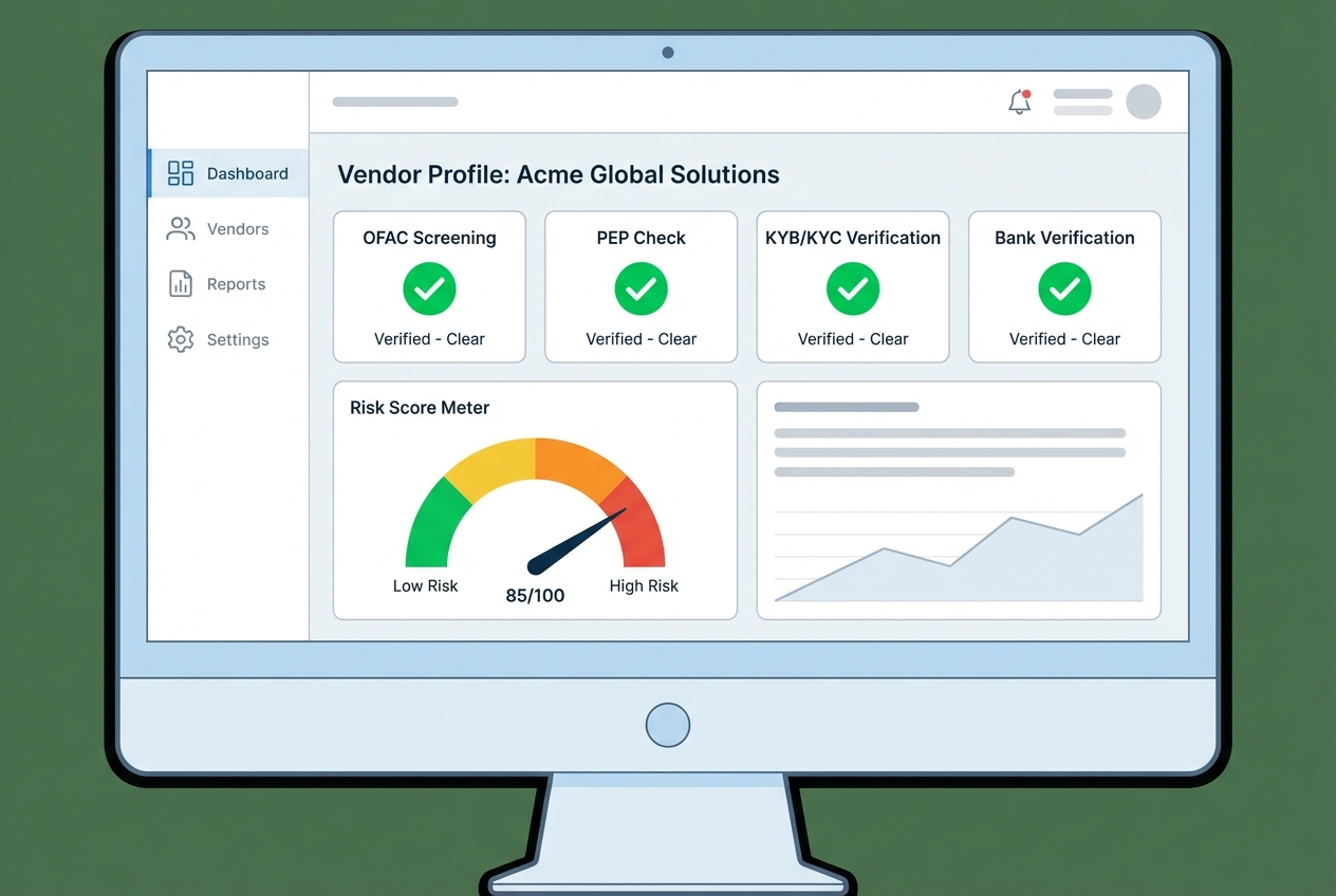 Screenshot-style mockup of a vendor risk dashboard showing green compliance checks and a risk score