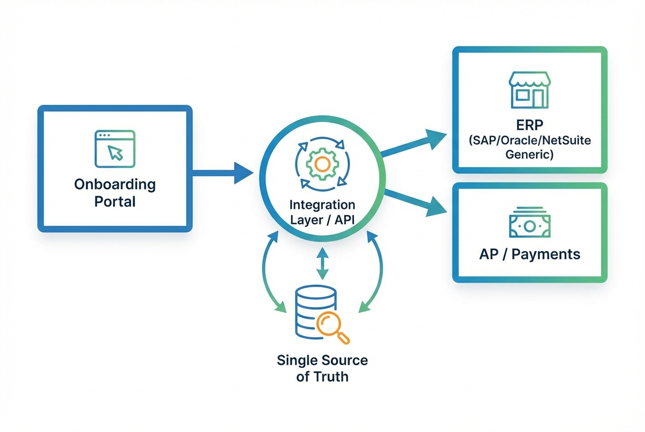 Diagram showing data sync between onboarding portal, integration layer/API, ERP, and AP/payments