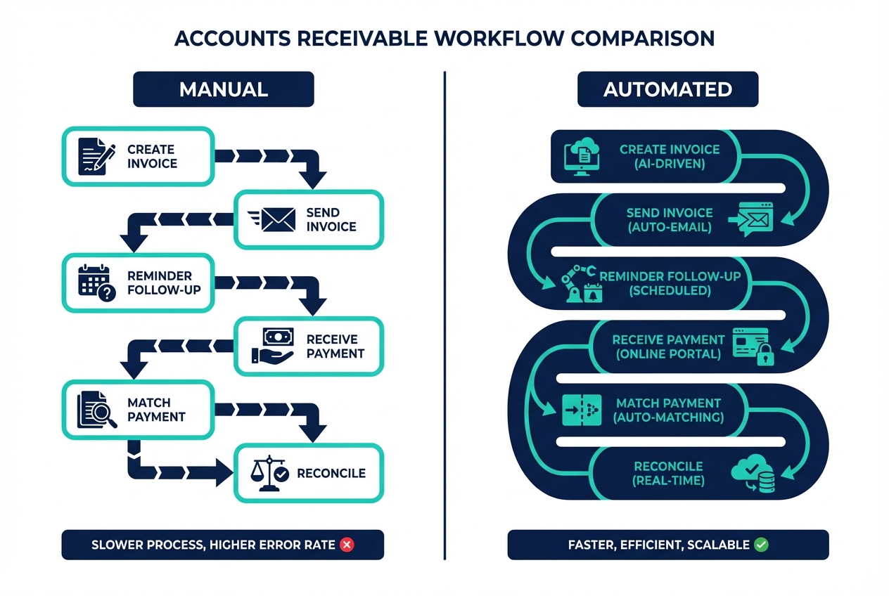 Flowchart comparing manual vs automated accounts receivable process