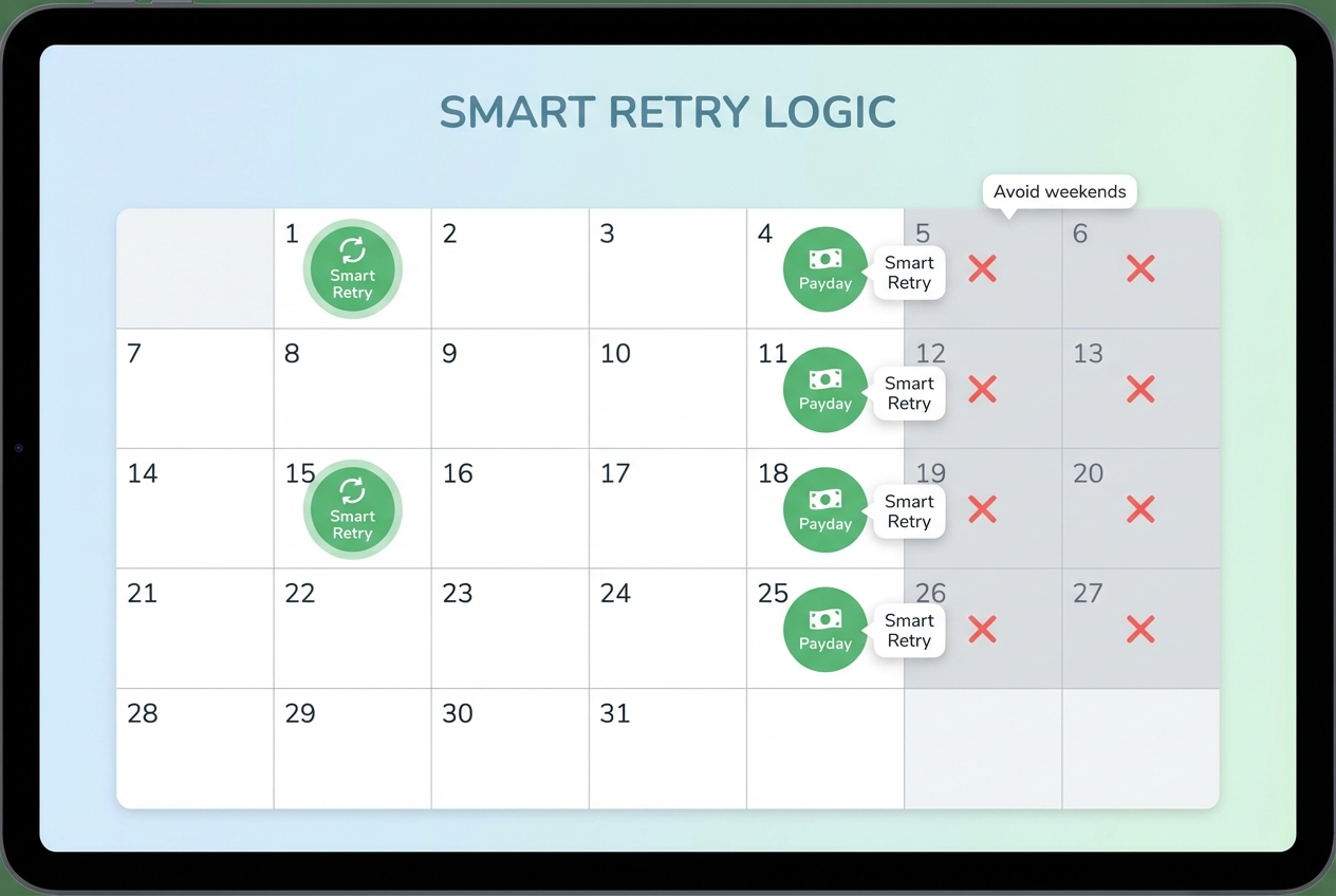 Calendar diagram highlighting optimal retry windows like the 1st, 15th, and payday Fridays