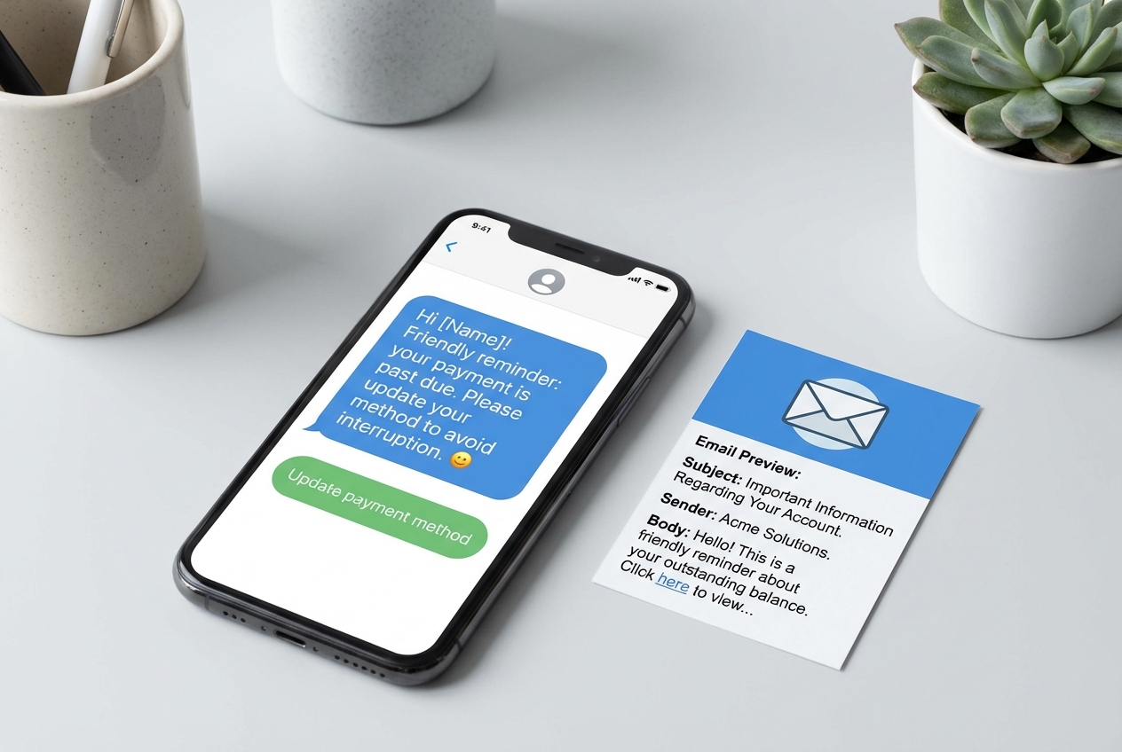 Mobile mockup showing an SMS dunning reminder and a short email preview with an update payment button