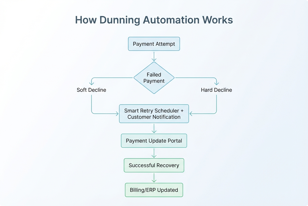 Flowchart showing payment failure branching into smart retry and customer notification, leading to successful recovery and ERP update