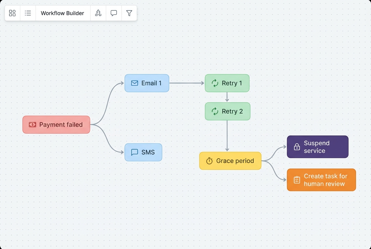 Workflow builder illustration showing payment failed, emails, retries, grace period, suspension, and human review task