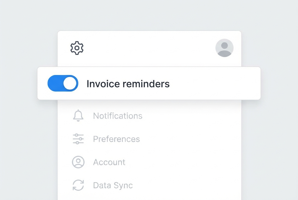 Illustration of an accounting settings screen with an “Invoice reminders” toggle turned ON
