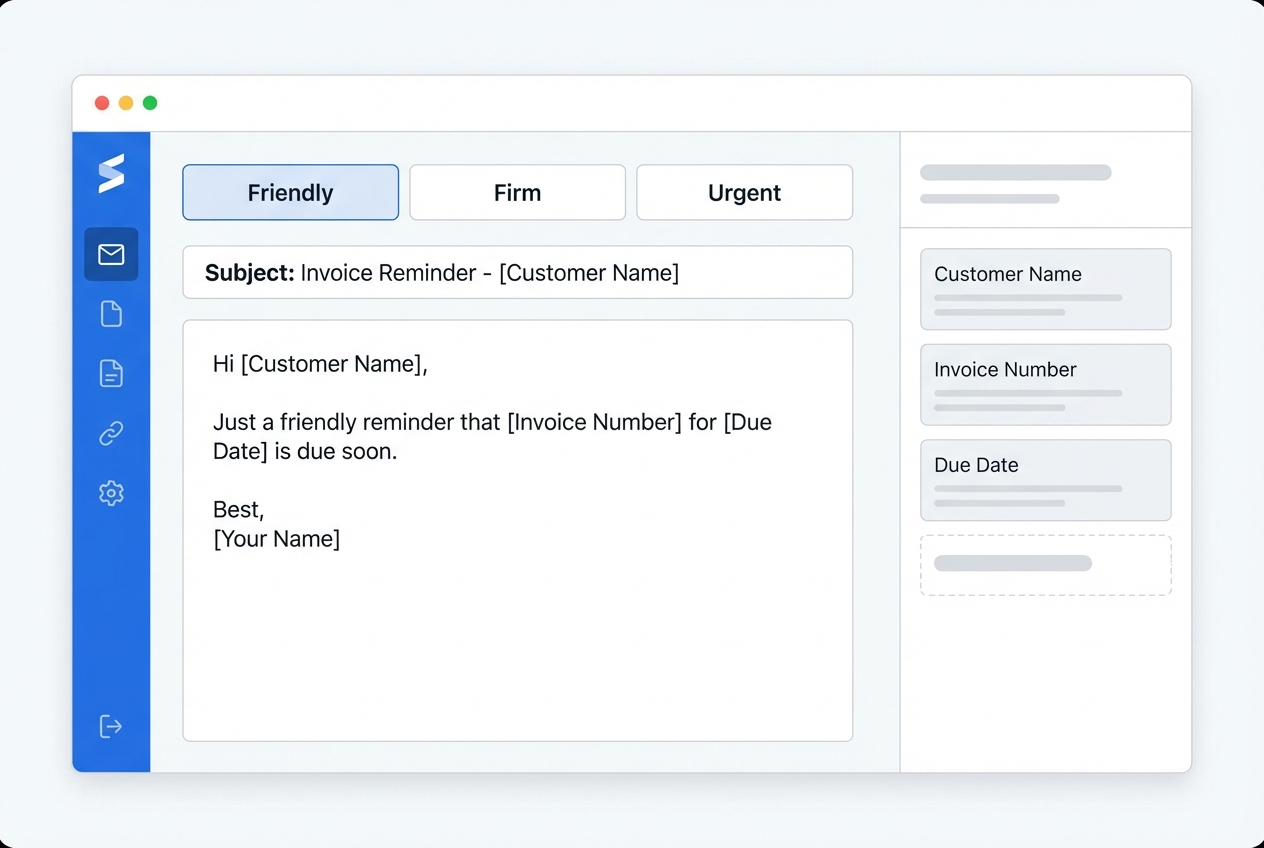 Screenshot-style mock of an invoice reminder template editor showing three tabs (Friendly/Firm/Urgent), placeholder tags like [Customer Name] and [Invoice Number], and a preview pane with a “Pay now” button