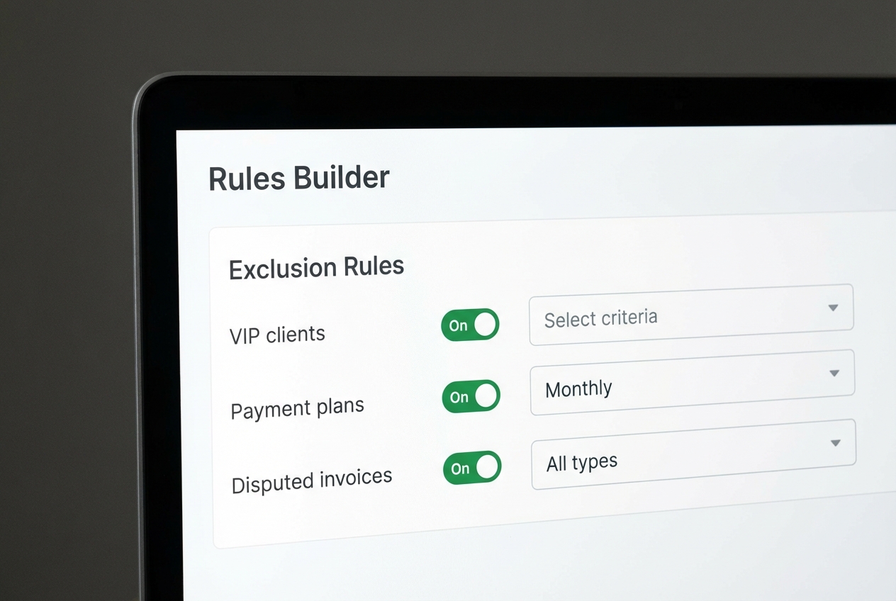 Illustration of a rules builder showing exclusion rules for VIP clients, payment plans, disputed invoices