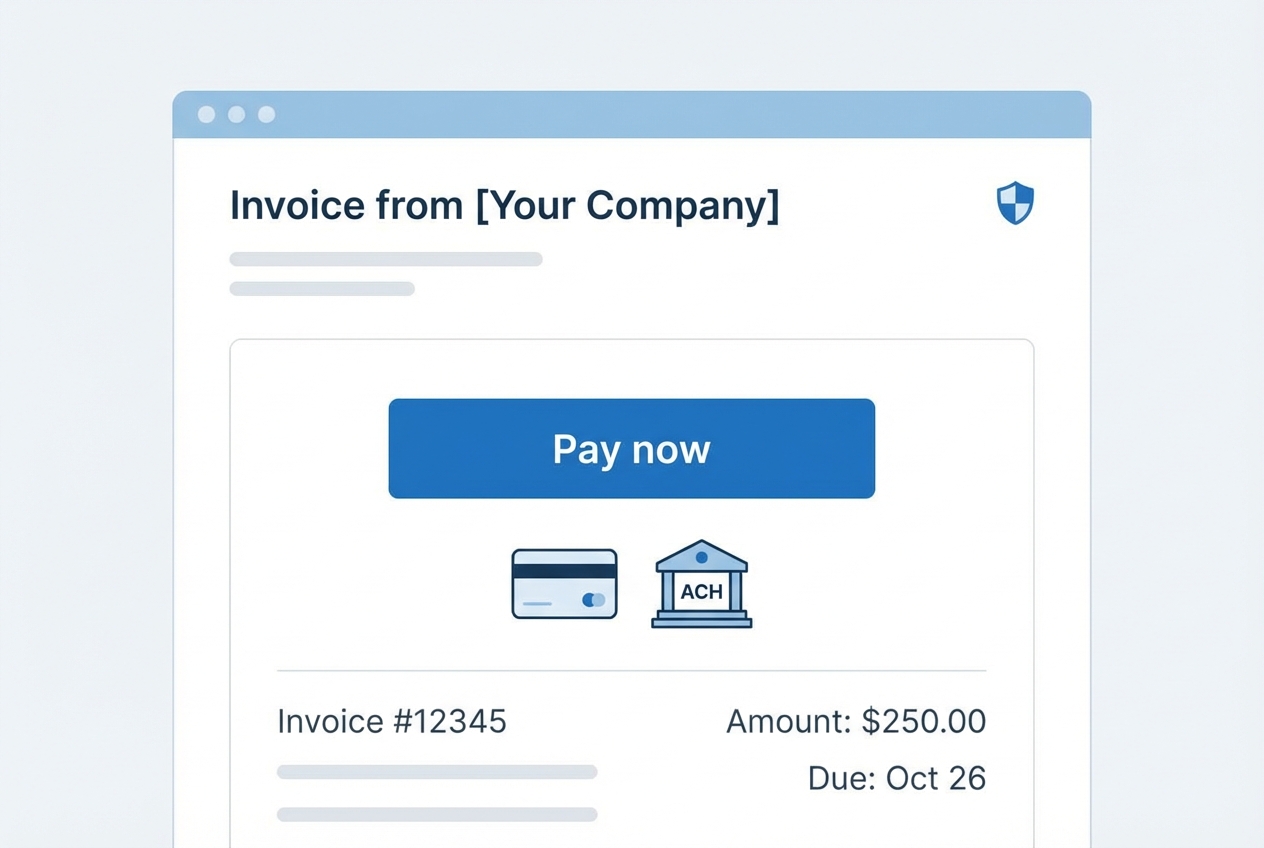 Illustration of an invoice email with a prominent “Pay now” button and card/ACH icons