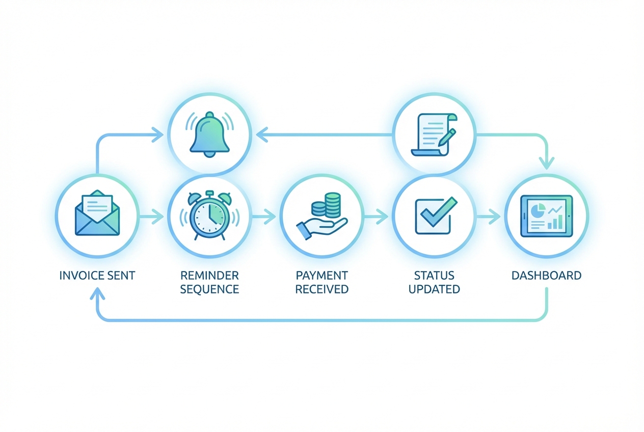 Diagram showing an automated cash collection loop: invoice sent, reminder sequence, payment received, status updated, dashboard