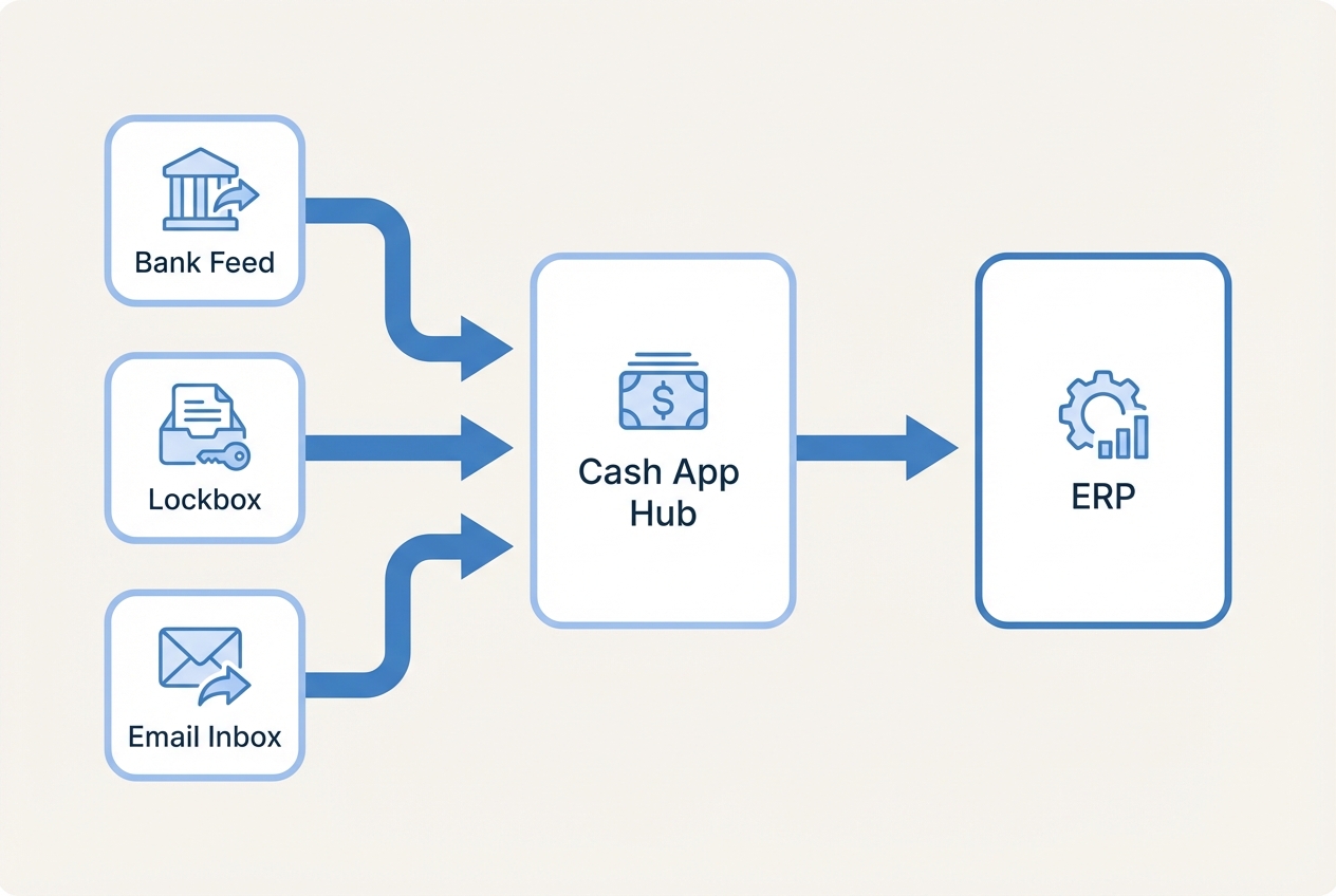 Diagram showing bank, lockbox, and email feeding into a central cash app hub then into ERP