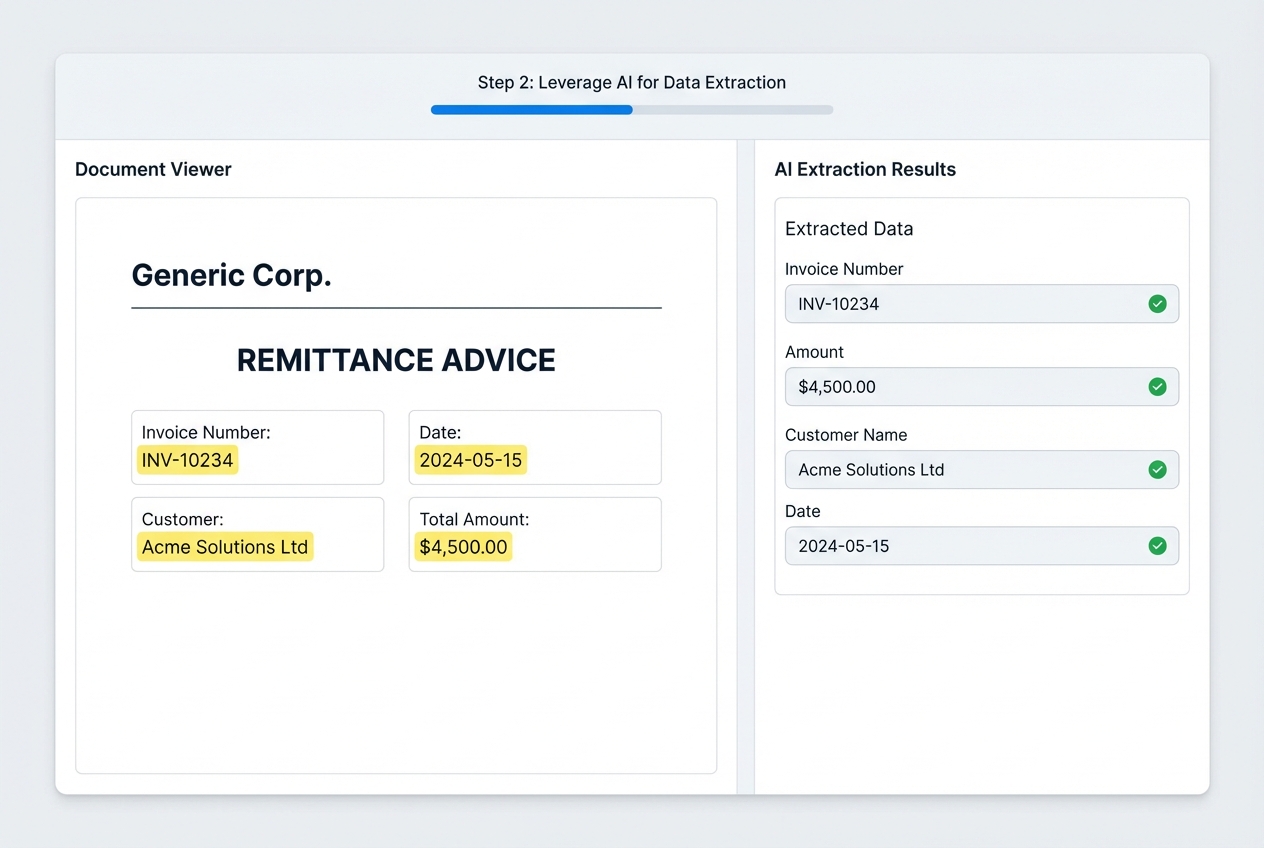 UI mockup showing a PDF remittance with highlighted fields and extracted values panel