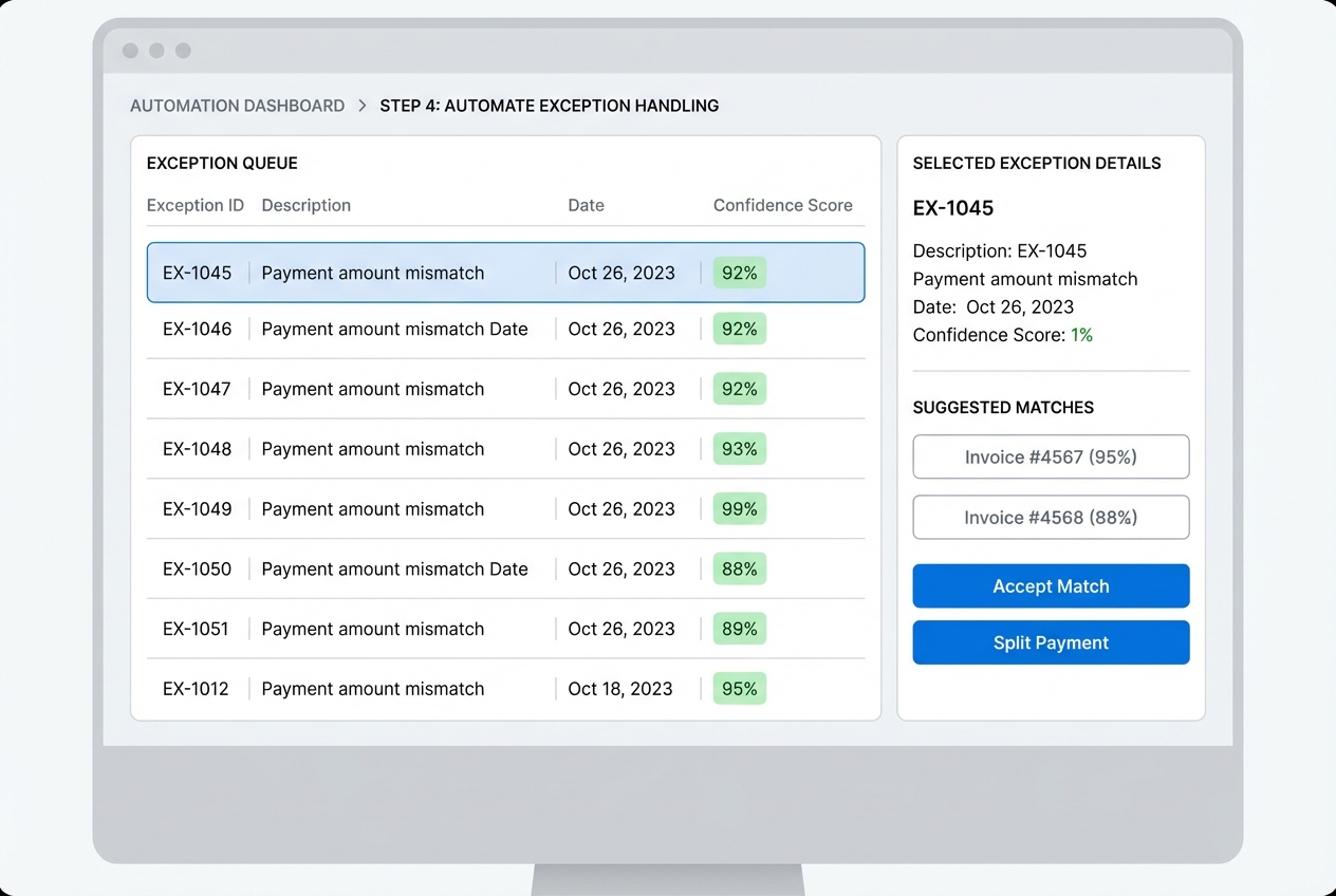 Exception handling dashboard mockup with confidence scores and suggested matches
