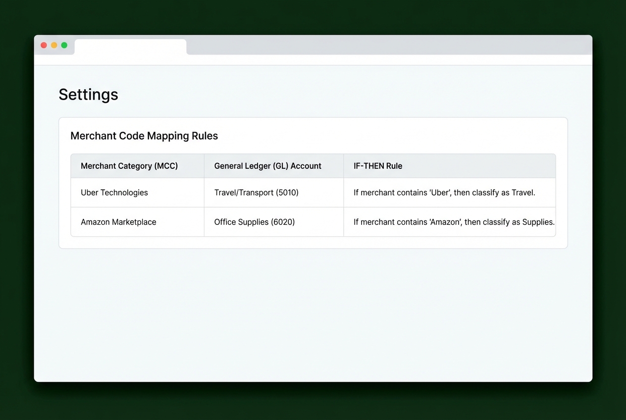 Settings page mockup mapping merchant categories and specific merchants to GL codes using if-then rules