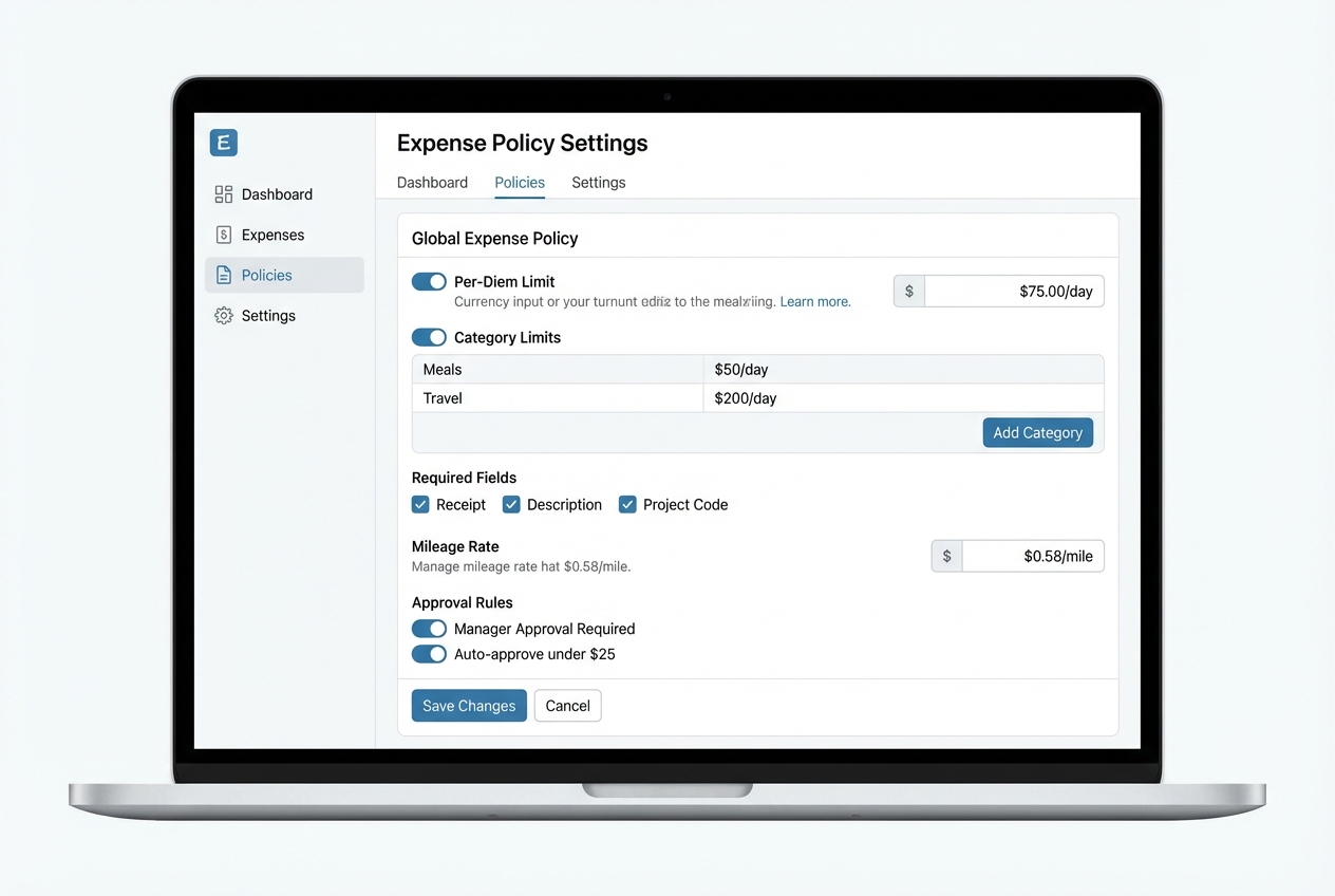 Mock screenshot of an expense policy configuration screen with category limits, required fields, and approval rule toggles