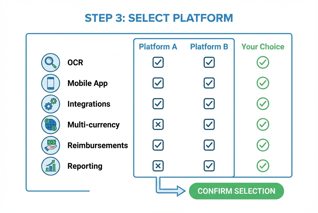 Diagram of selecting an expense automation platform using a feature checklist (OCR, mobile, integrations, reporting)