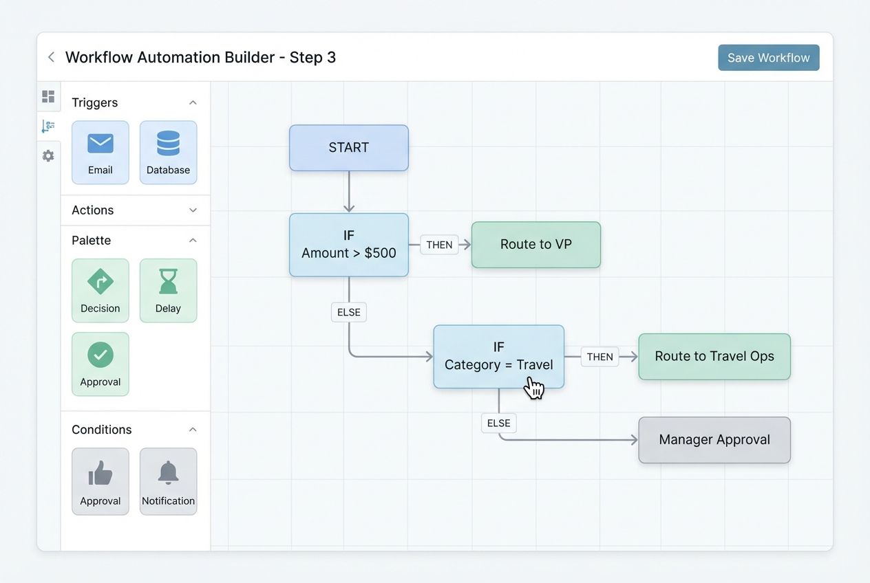 Mock workflow automation builder with if-then routing