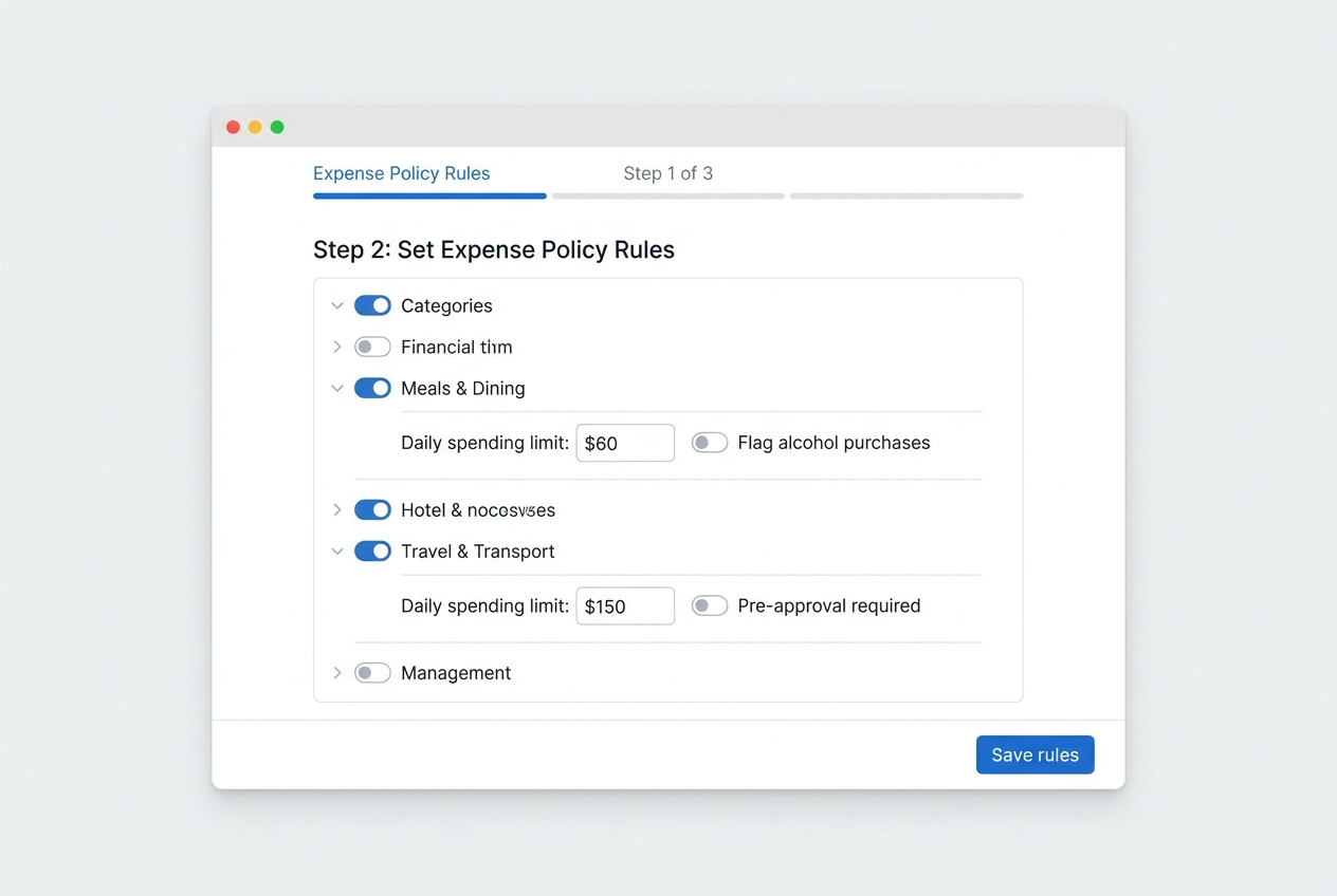Mock policy rules screen with category limits and flags