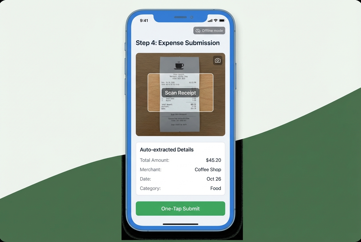 Mock mobile receipt capture screen for submitting an expense