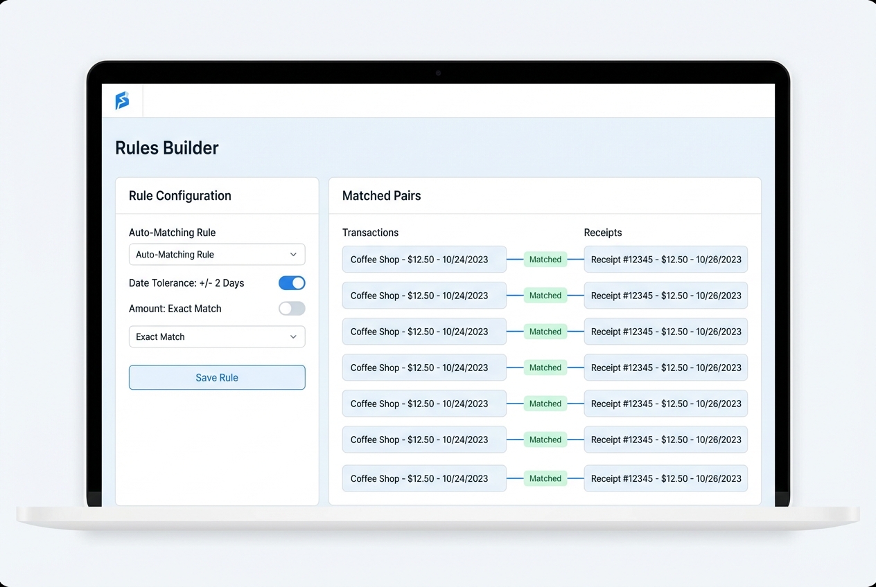Rules builder mockup showing auto-matching logic and tolerance windows with matched transaction-receipt pairs