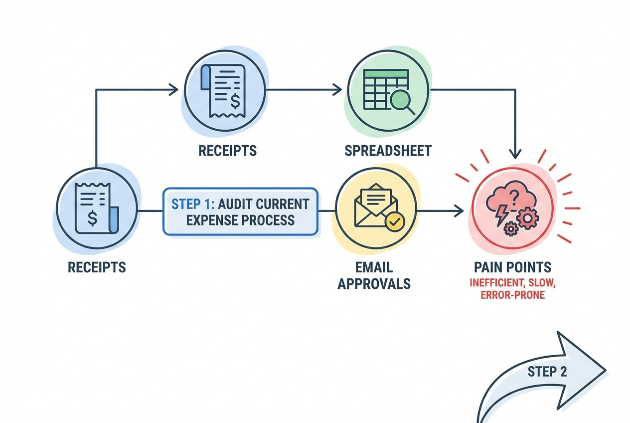 Diagram of auditing a manual expense process from receipts and spreadsheets to approval emails and pain points