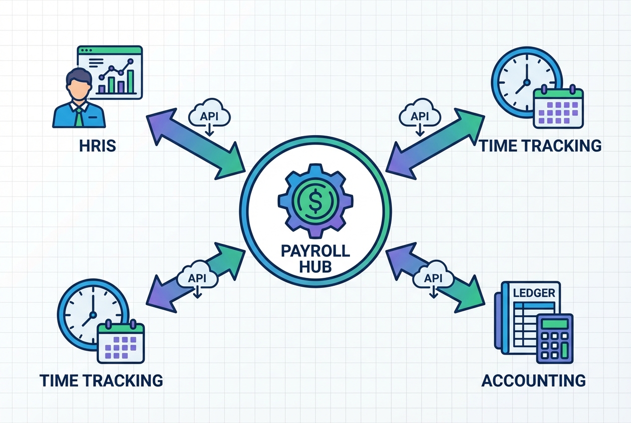 Payroll integration hub connecting HRIS, time tracking, and accounting