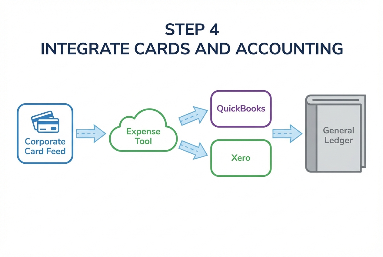 Diagram showing corporate card transactions flowing into an expense platform and syncing into QuickBooks/Xero general ledger