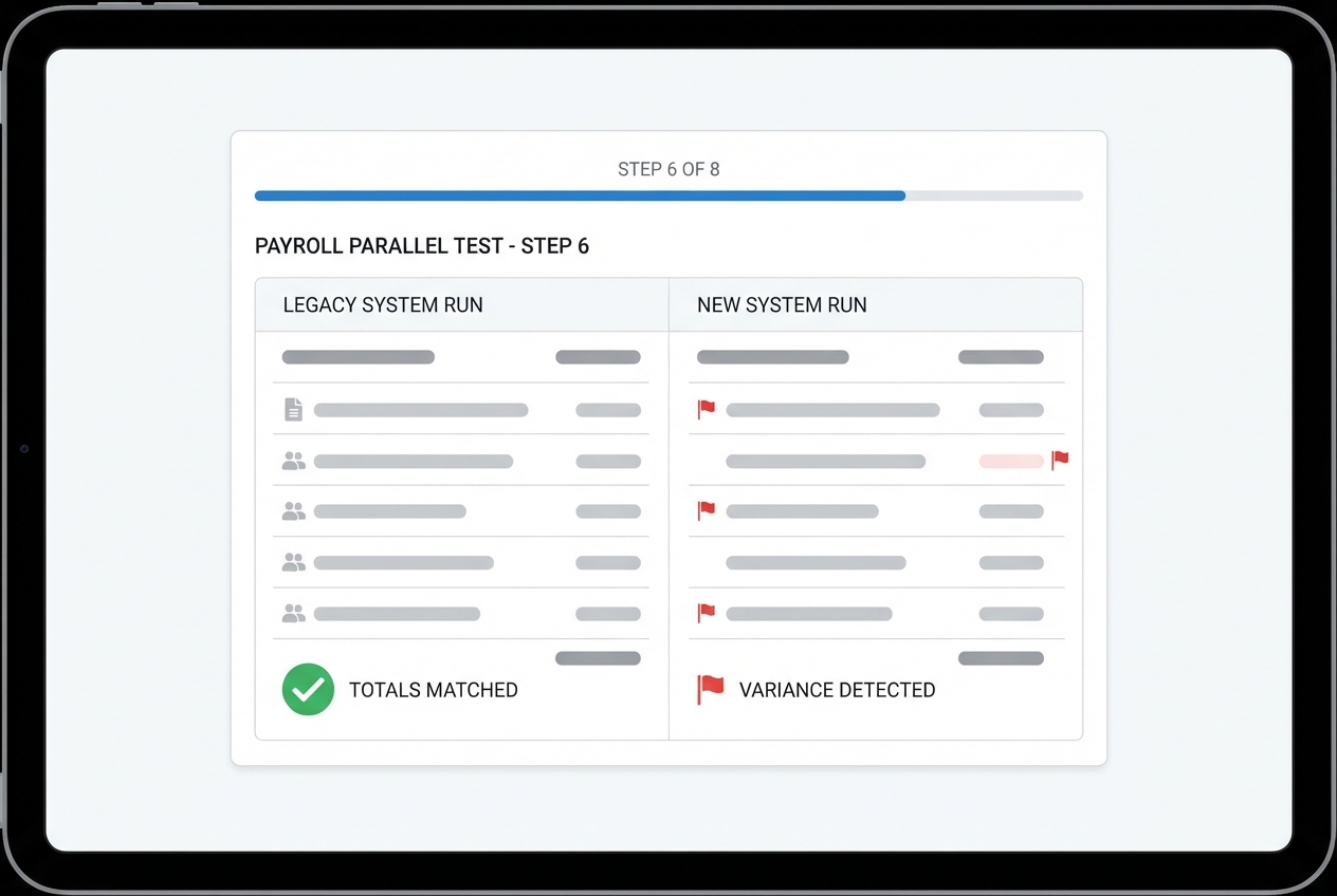 Parallel run comparison report showing two payroll runs side by side