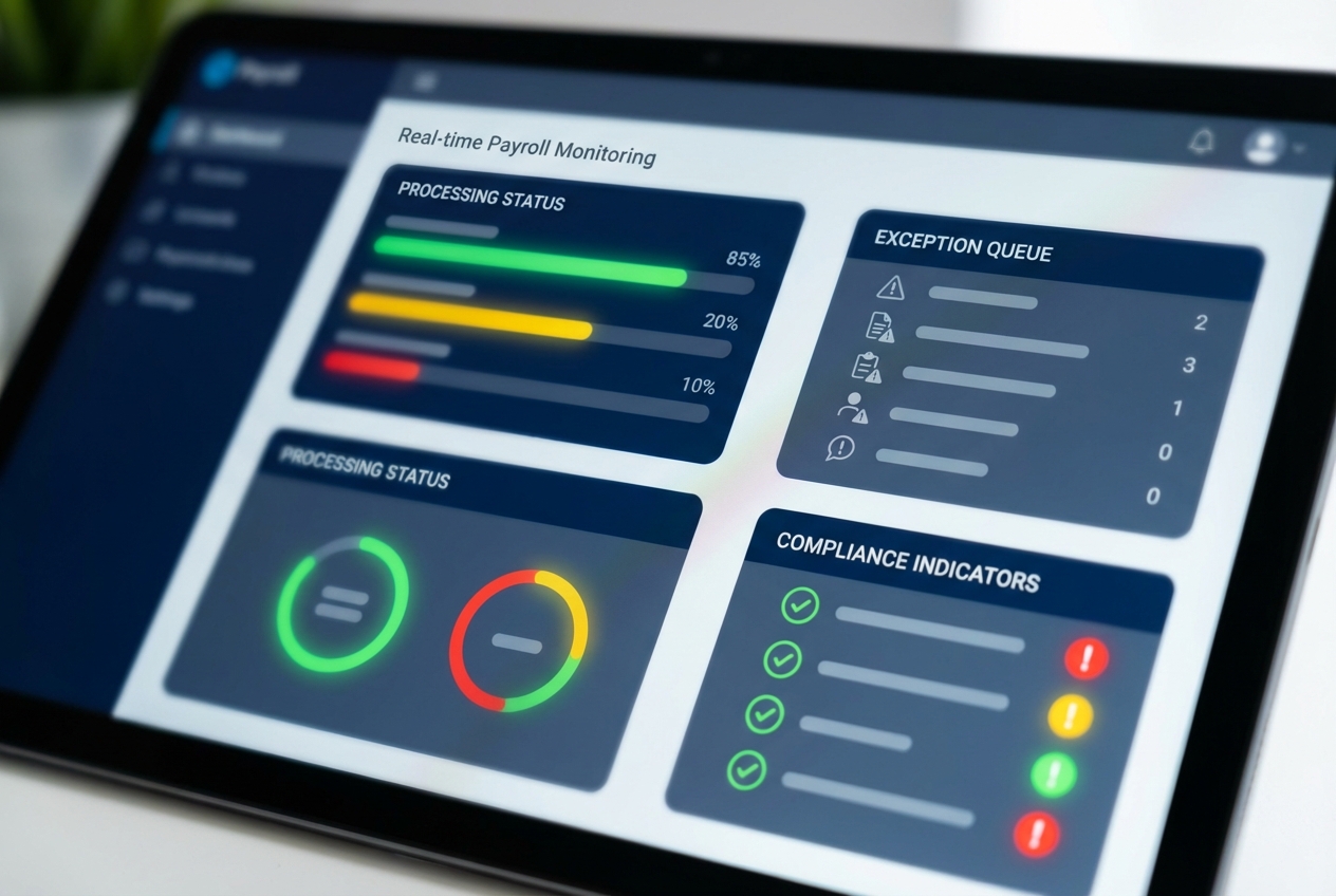 Real-time payroll status dashboard showing progress and exceptions